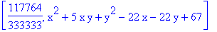 [117764/333333, x^2+5*x*y+y^2-22*x-22*y+67]